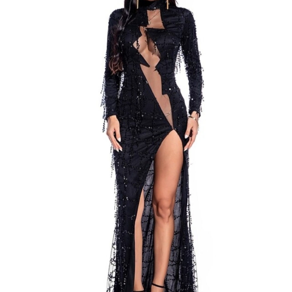 Black Embellished Long Sleeve Gown with Plunge Neckline